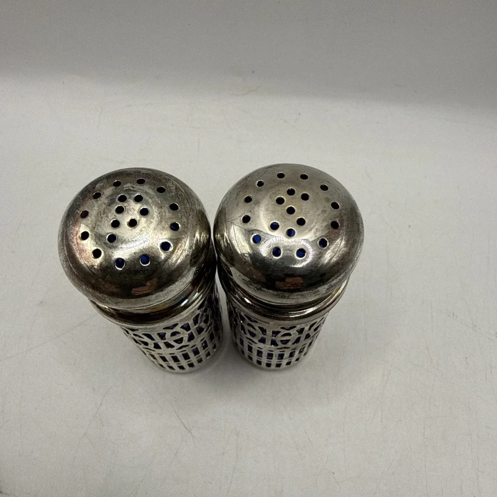 Vintage Cobalt Blue Glass Salt & Pepper Shaker Patent 1014132 Silver 3